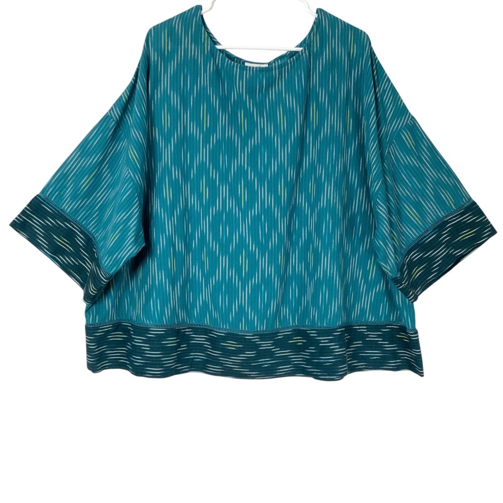 Pure Jill J. Jill Boxy Dolman Top Teal Blue Ikat Striped Cotton Scoop Neck 2X